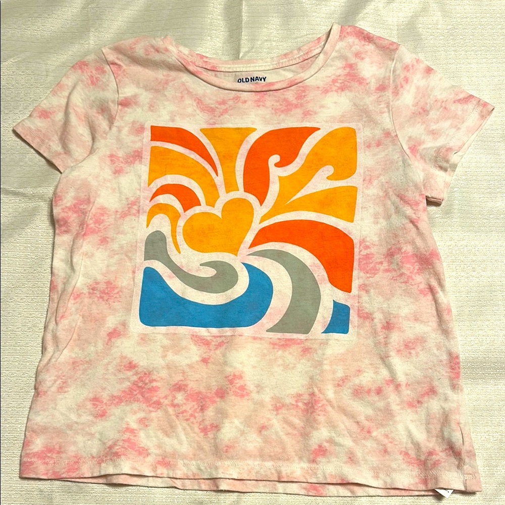 Old Navy Pink and white  Short Sleeve Tee with tie dye and Graphic Design